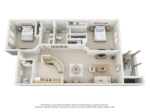 Floor plan for 2 beds, 2 baths, 1074 sqft